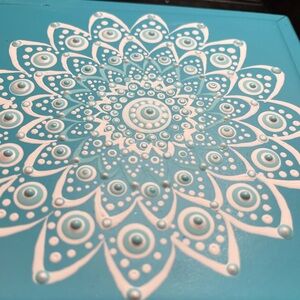 Custom Mandelala, turquoise and whites on a wooden box